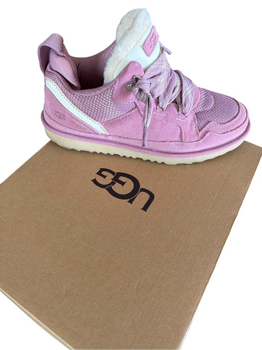 UGG Kids Pink Suede & Mesh Lace-Up Sneaker with Shearling Collar